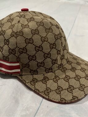 Gucci Beige Monogram Cap with Red Stripe Accent